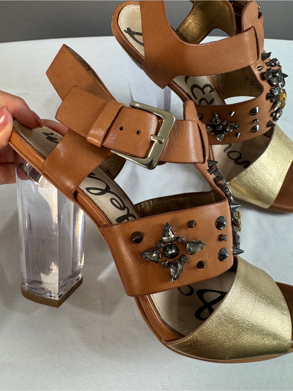 Sam Edelman Tan and Gold Block Heel Sandals with Jeweled Accents